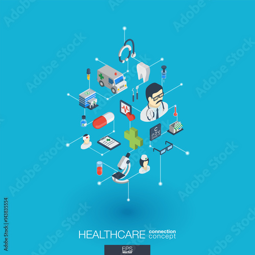 Healthcare, integrated 3d web icons. Digital network isometric interact concept. Connected graphic design dot and line system. Abstract background for medicine and medical service. Vector Infograph