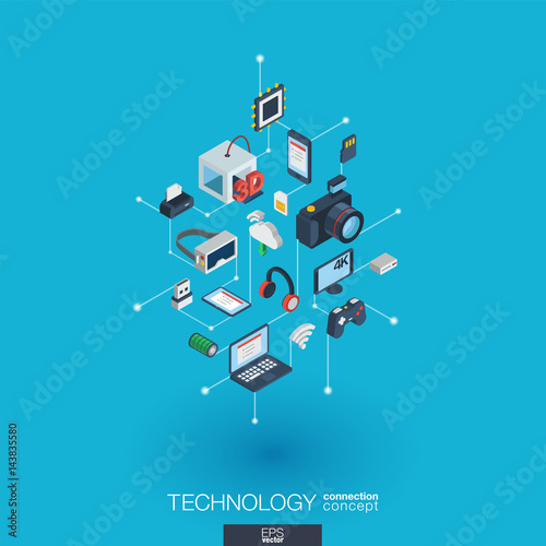 Technology integrated 3d web icons. Digital network isometric interact concept. Connected graphic design dot and line system. Background whith wireless printing and virtual reality. Vector Infograph
