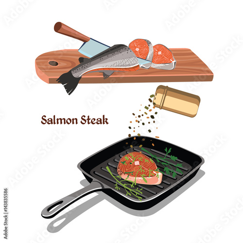 Sketch Colorful Salmon Steak Cooking Concept