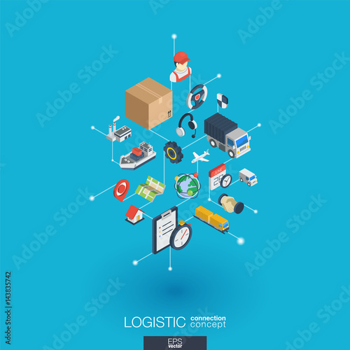 Logistic integrated 3d web icons. Digital network isometric interact concept. Connected graphic design dot and line system. Abstract background for shipping delivery and distribution. Vector Infograph