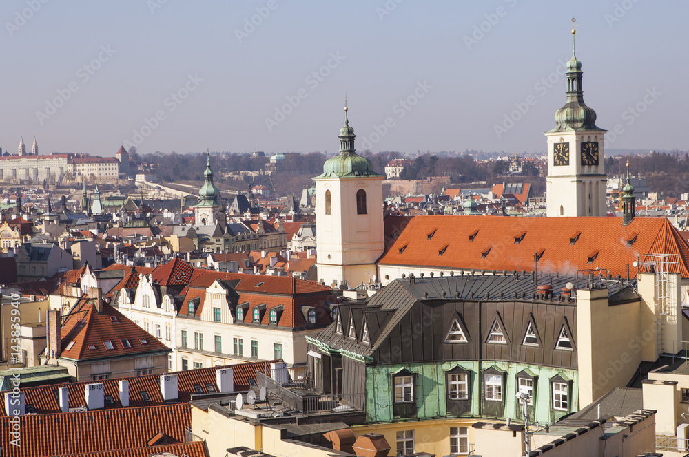 Prague roofs and domes against the blue sky, Prague, Czech Republic, Europe
