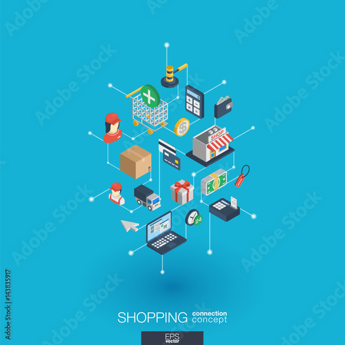 Shopping integrated 3d web icons. Digital network isometric interact concept. Connected graphic design dot and line system. Abstract background for ecommerce, market and online sales. Vector Infograph