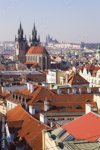 Prague roofs and domes against the blue sky, Prague, Czech Republic, Europe 
