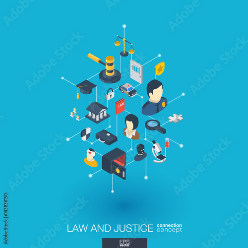 Law, justice integrated 3d web icons. Digital network isometric interact concept. Connected graphic design dot and line system. Abstract background whith lawyer, crime and punishment. Vector Infograph