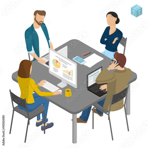 Isometric people working in office.