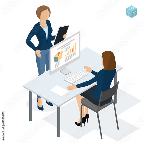 Isometric people working in office.