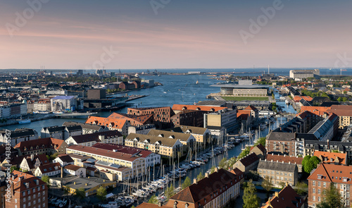 Areal view of Copenhagen, Denmark, with inner harbor, canals with ships and Northern horizon