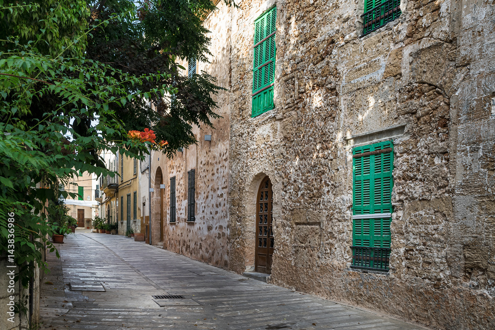 Mediterranean street in Alcudia Old Town, Majorca Balearic island of Spain