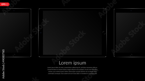 Tablet computer, mobile, mockup composition isolated on black background with blank screen. Front view black tablet realistic vector illustration for printing and web element.