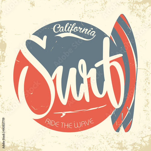 Surfing, California typography, vintage t-shirt graphics. Typography with lettering and surfboard for t-shirt, print, poster, banner, for surfers clothes. Vector