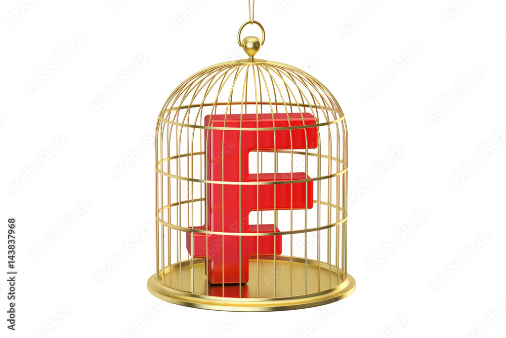 Birdcage with franc currency symbol inside, 3D rendering
