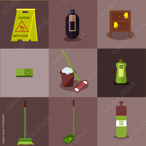 Set of tools for cleaning: a bucket with soapy foam, broom, mop and scoop with green handles. Bottles of detergent. Sigh "Caution. Wet floor". Bedside table. Yellow gloves. Vector illustration