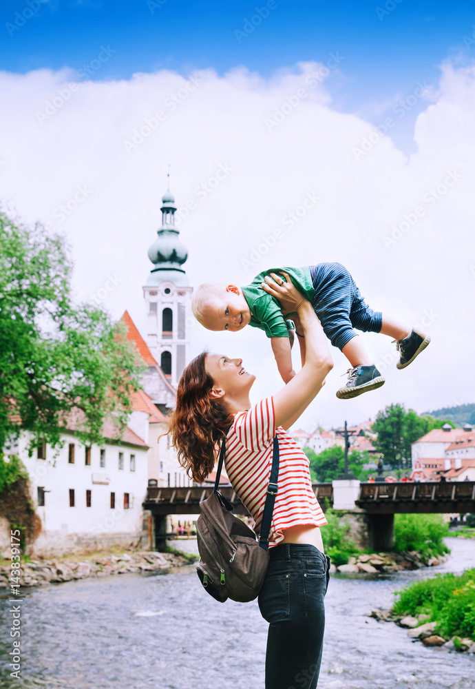 Obraz premium Family of Tourists in Cesky Krumlov, Czech Republic, Europe