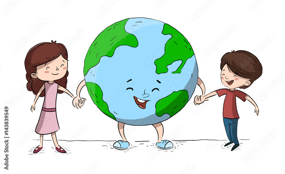 Niños con planeta tierra. Niños cuidando del medio ambiente Stock  Illustration | Adobe Stock