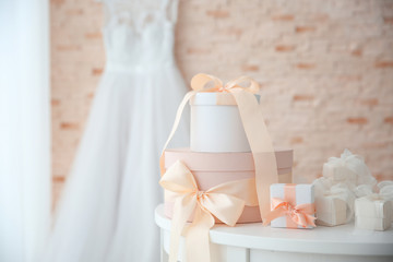 Table with gift boxes for wedding day