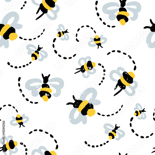 Seamless abstract pattern. Hand painted brush bee on a white background. Background for textile or book covers, manufacturing, wallpapers, print, gift wrap. © Oscar Ghost