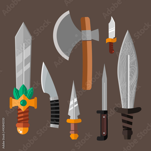 Knife weapon dangerous metallic vector illustration of sword spear edged set.
