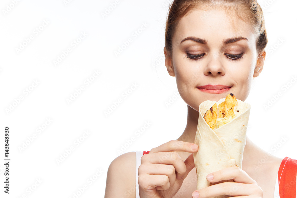 woman with appetite looks at fast food woman with appetite looks at fast food
