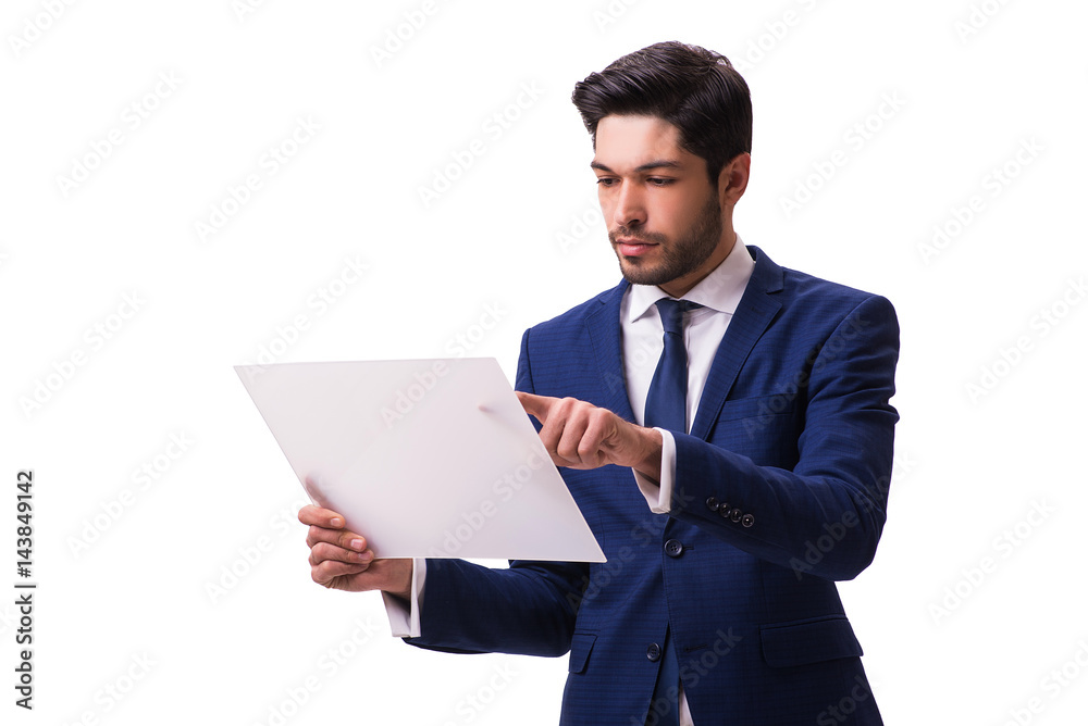 Businessman working on tablet isolated on the white background Businessman working on tablet isolated on the white background