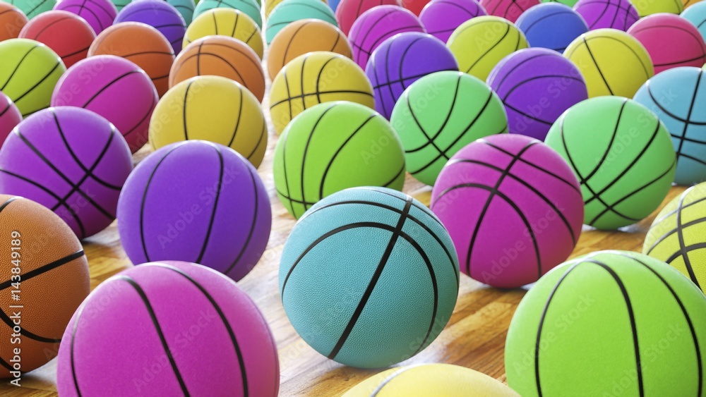 Array of Coloured Basketballs on a Court Surface with Shallow Depth of Field