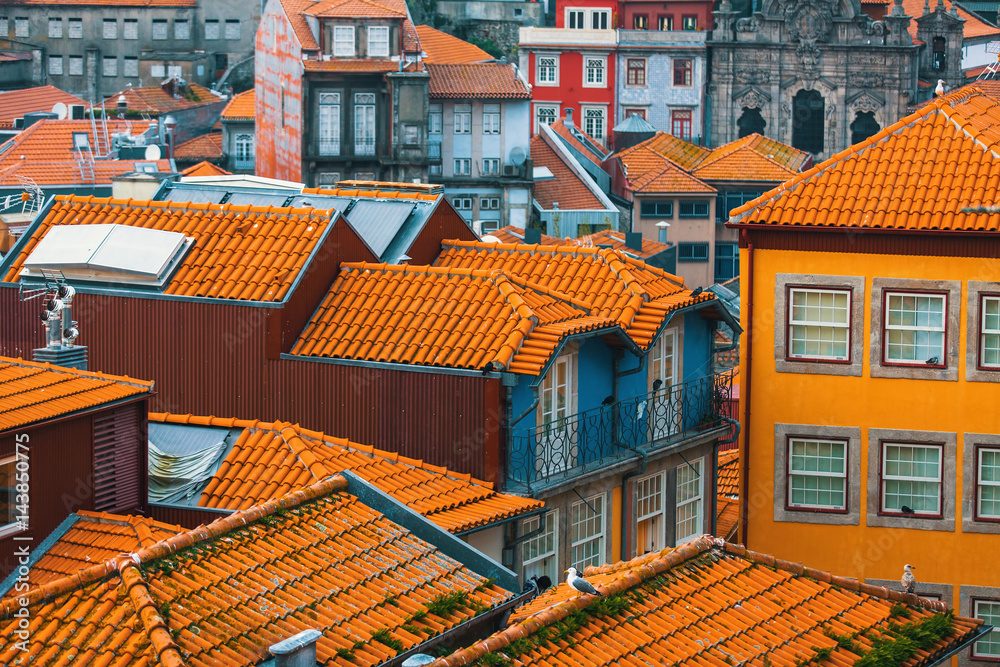 View tiled roofs of the old downtown Porto, Portugal.