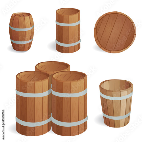 Wooden barrel vintage old style oak storage container and brown isolated retro liquid beverage object fermenting distillery cargo drum lager vector illustration.