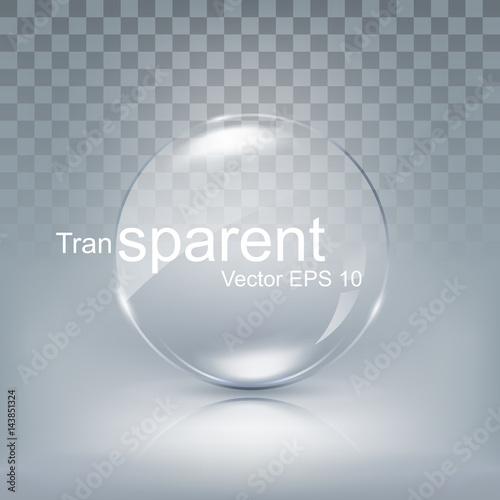 Modern transparent circle lens, sphere glass for button with shadow on white background, vector illustration
