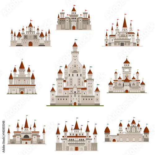 Castle or medival fairy tale fortress vector icons