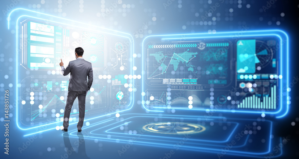 Man pressing virtual button in data mining concept Man pressing virtual button in data mining concept