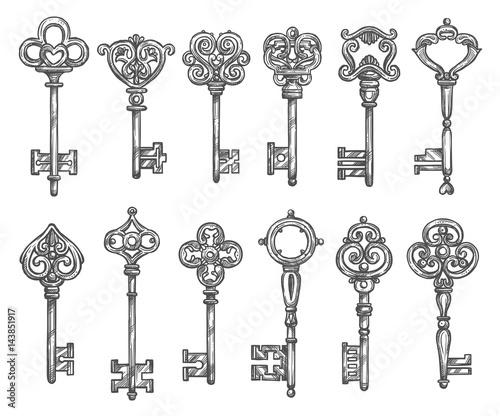 Vintage keys vector isolated icons sketch set