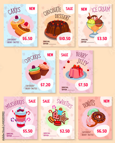 Bakery desserts price tags vector templates set