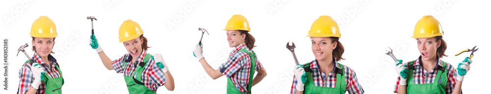 Female workman in green overalls isolated on white