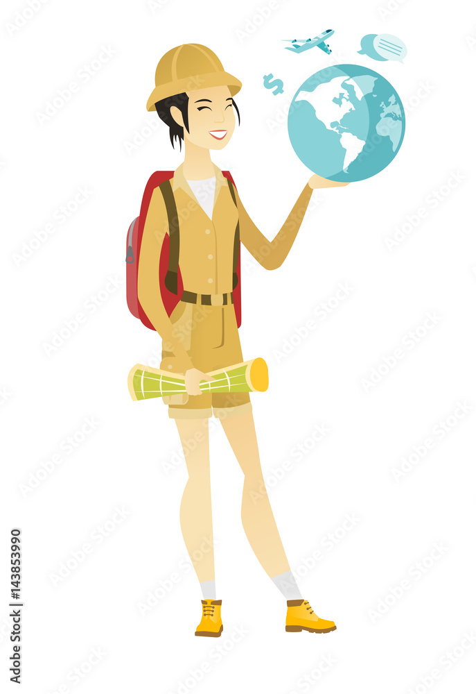 Asian traveler woman holding map and globe Asian traveler woman holding map and globe
