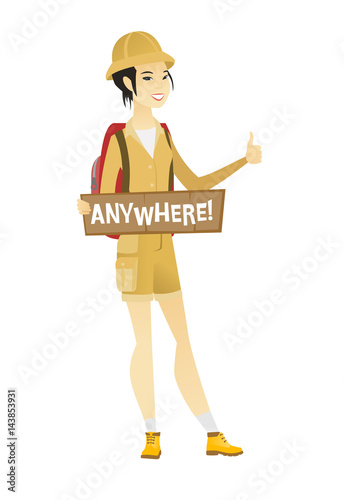 Young traveler hitchhiking vector illustration.