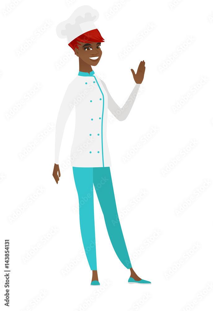 Young african-american chef cook waving her hand. Young african-american chef cook waving her hand.