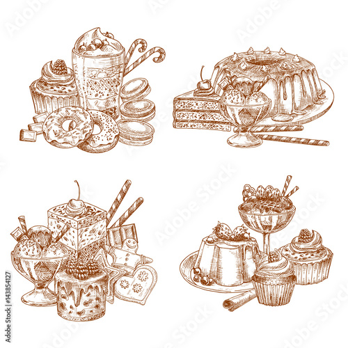 Vector sketch desserts and pastry for bakery shop