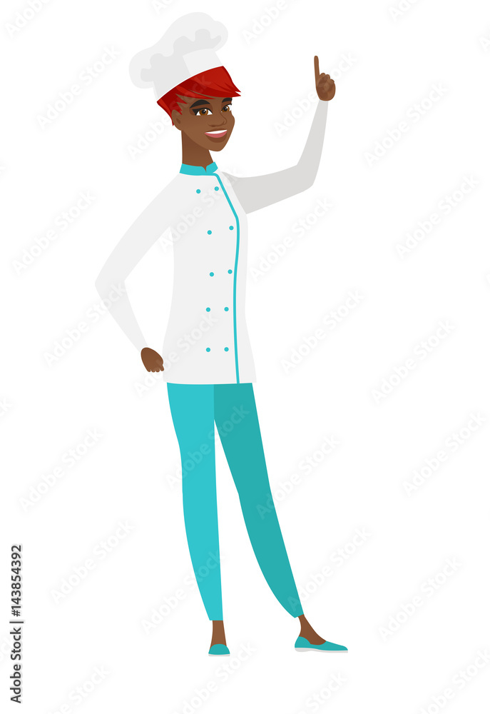 African chef cook pointing with her forefinger. African chef cook pointing with her forefinger.