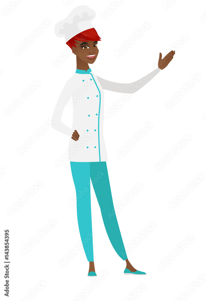 African-american chef cook showing a direction.