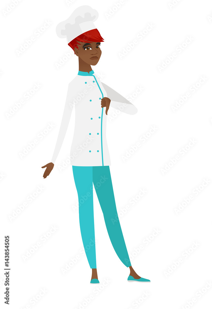 Disappointed african chef cook with thumb down. Disappointed african chef cook with thumb down.