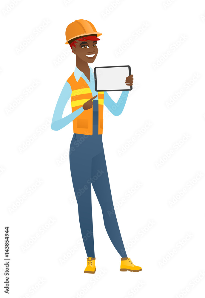 African-american builder holding tablet computer.