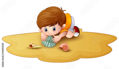 Cartoon little boy with seashells in a sand