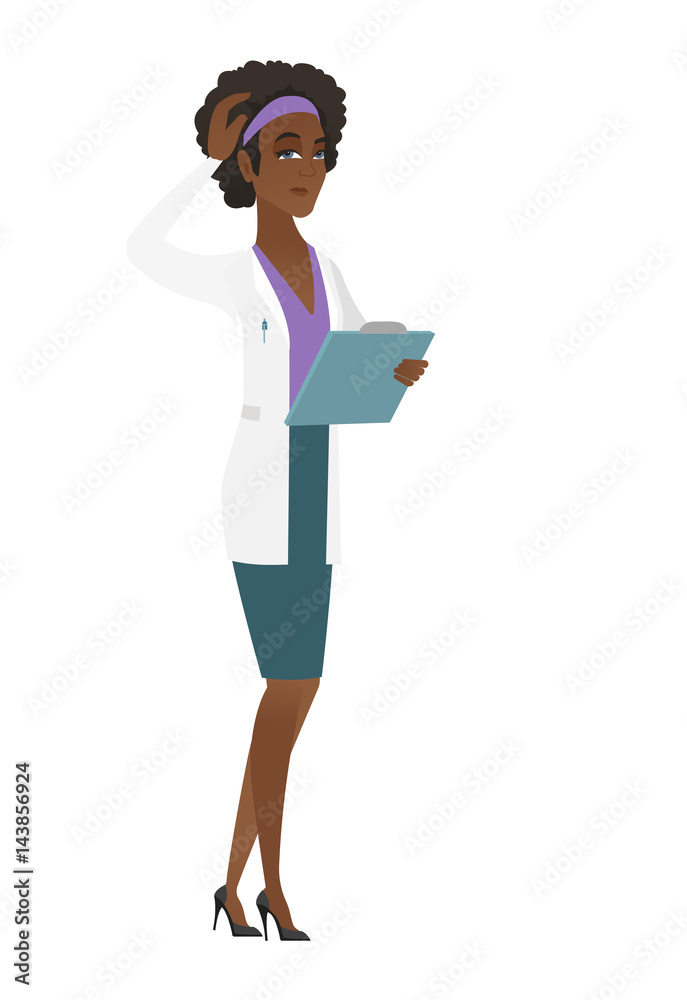 Young african-american doctor scratching her head. Young african-american doctor scratching her head.