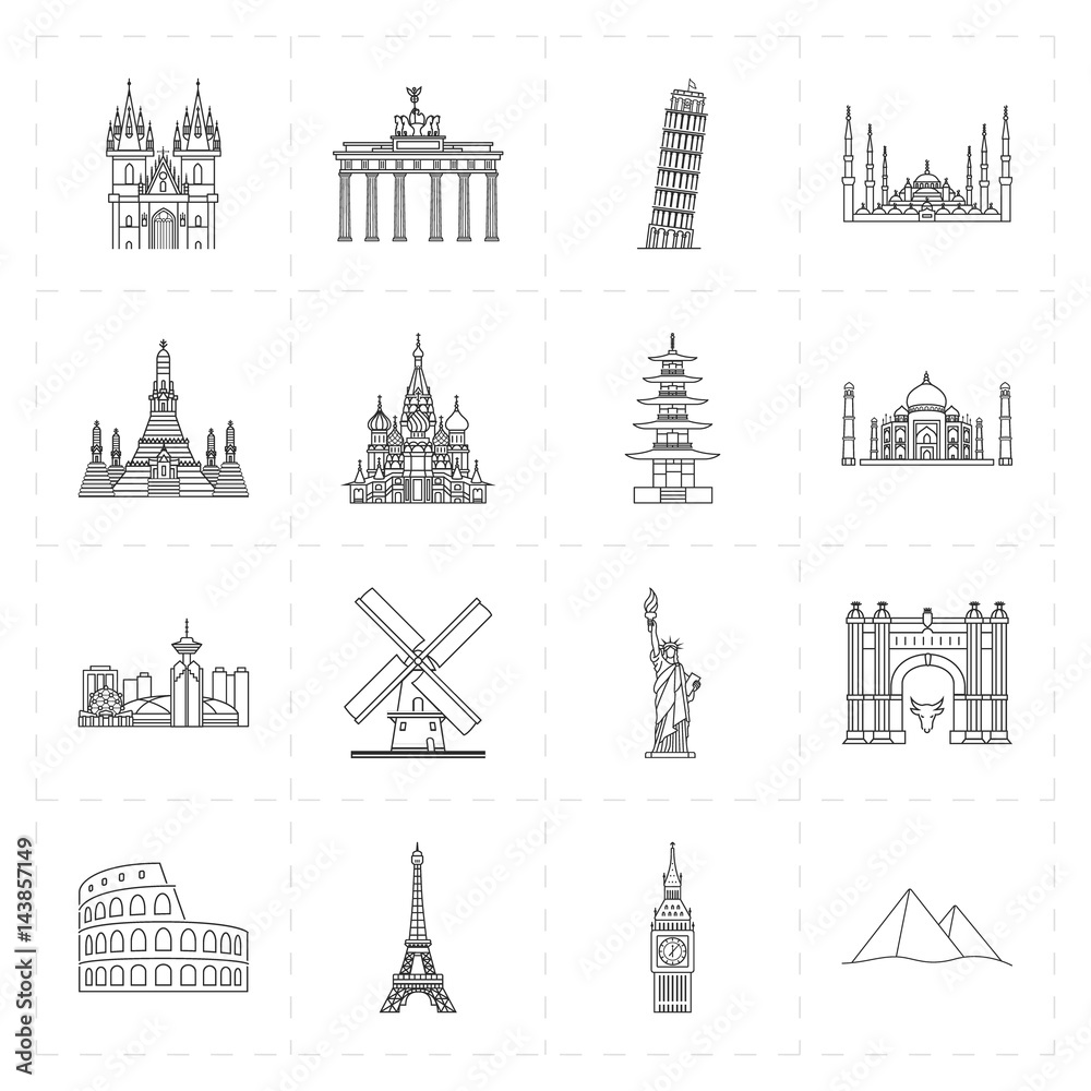 sixteen flat landmark icons 