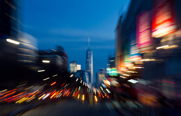 Abstract night lights of a busy street scene in Manhattan New York City