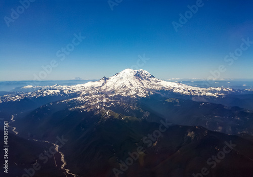 Aerial view of volcanic mountain peak in Pacific Northwest landscape