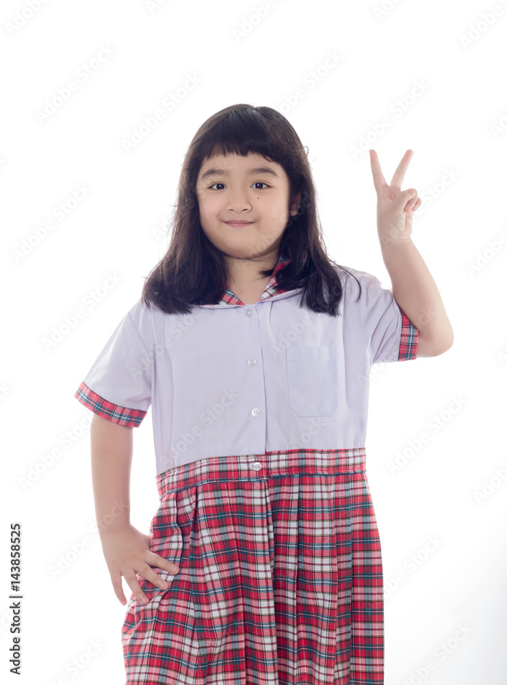Portrait of asian child in school uniform on white background isolated