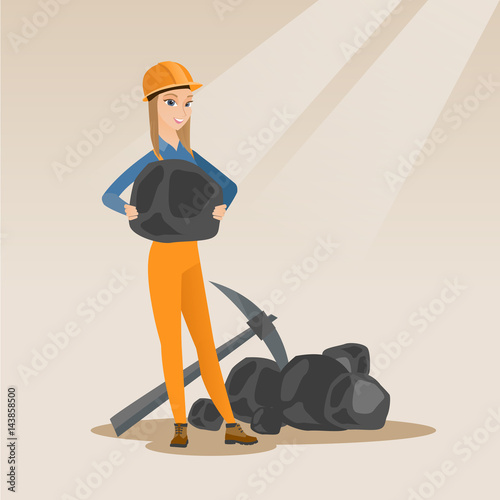 Miner holding coal in hands vector illustration.