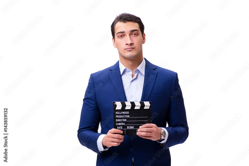 Handsome man with movie clapper isolated on white Handsome man with movie clapper isolated on white