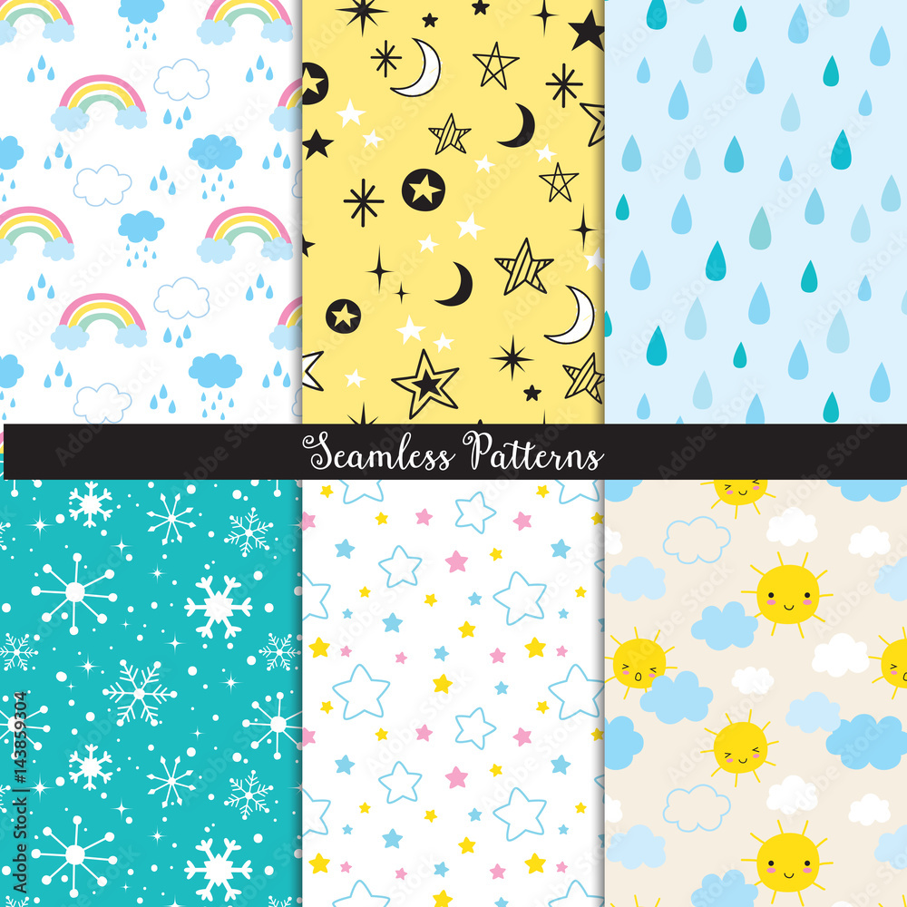Vector illustration of seamless pattern background set with sun, star, rain, snowflakes, cloud and rainbow.
