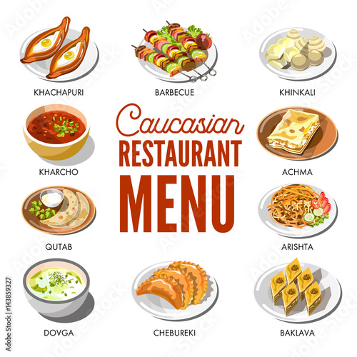 Caucasian restaurant menu with traditional dishes on plates